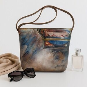 Jane Yoo Wearable Art Hand Painted Leather Crossbody‎ Bag Vintage Artisan